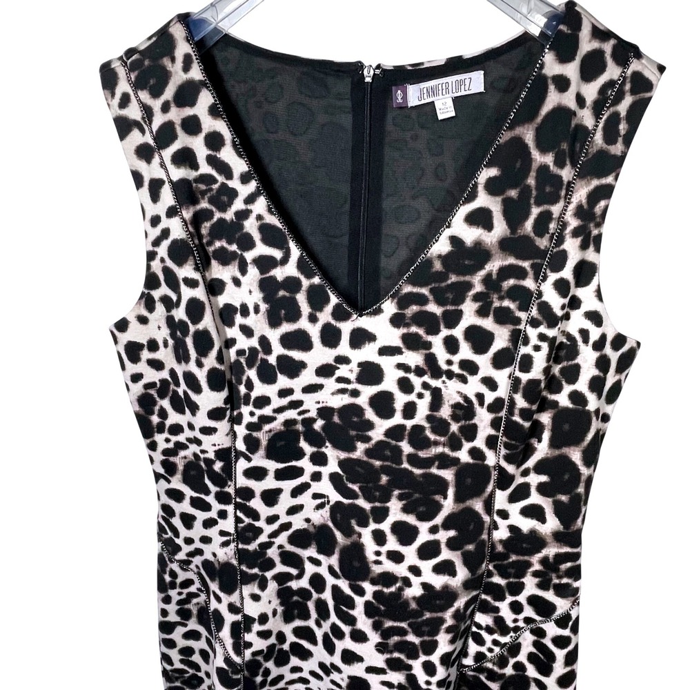 Jennifer Lopez Women 12 Leopard Print Scuba Sheath Dress Chain Trim V-Neck Black